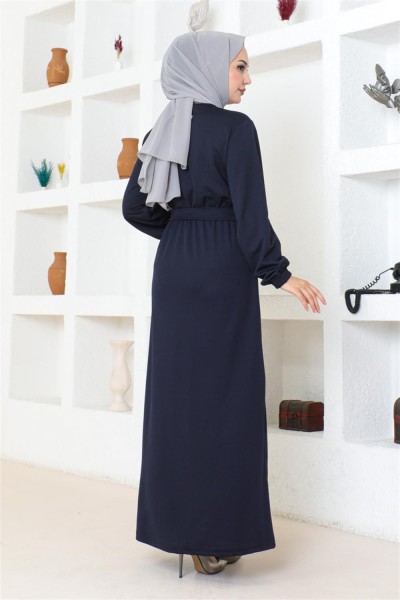 Kuşak Detaylı Tesettür Elbise LACİVERT - Thumbnail