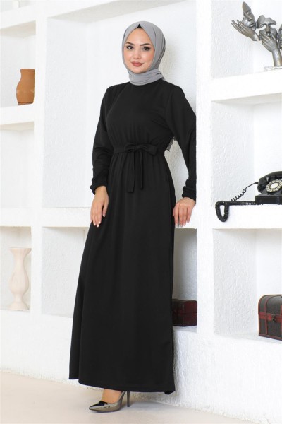 Kuşak Detaylı Tesettür Elbise SİYAH - Thumbnail