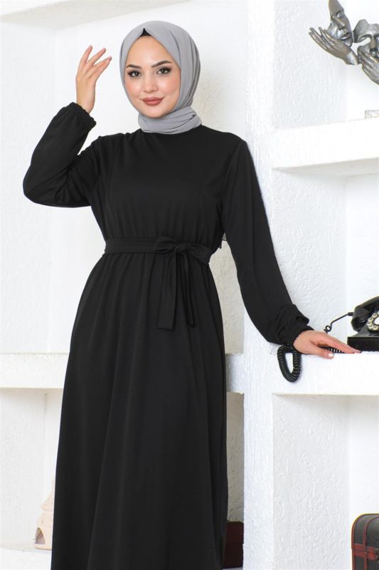 Kuşak Detaylı Tesettür Elbise SİYAH - 3