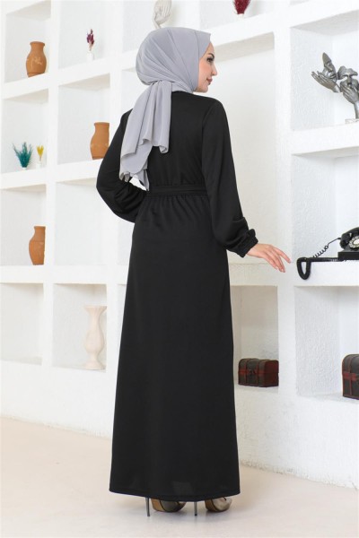 Kuşak Detaylı Tesettür Elbise SİYAH - Thumbnail