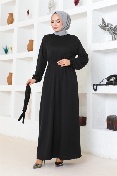 Kuşak Detaylı Tesettür Elbise SİYAH - Thumbnail