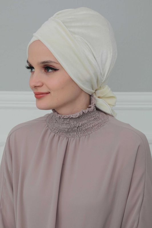 Kuşaklı Kadife Bone,B-31K Krem - 2