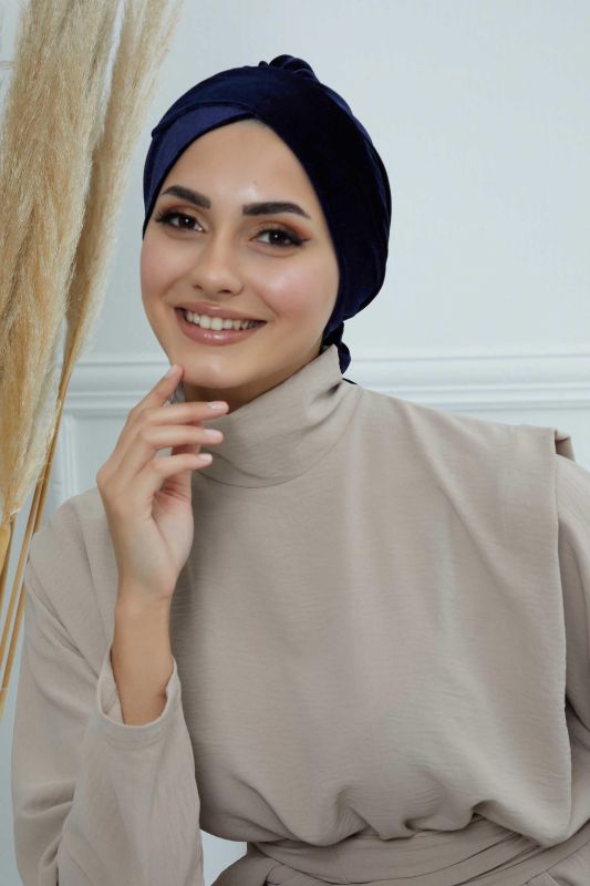 Kuşaklı Kadife Bone,B-31K Lacivert - 2