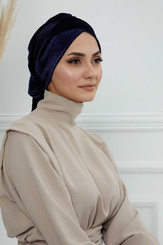 Kuşaklı Kadife Bone,B-31K Lacivert - 4