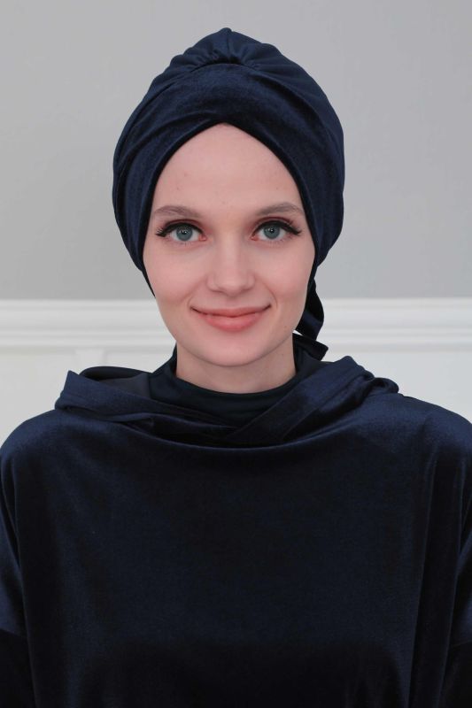 Kuşaklı Kadife Bone,B-31K Lacivert - 6