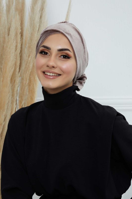 Kuşaklı Kadife Bone,B-31K Vizon - 2