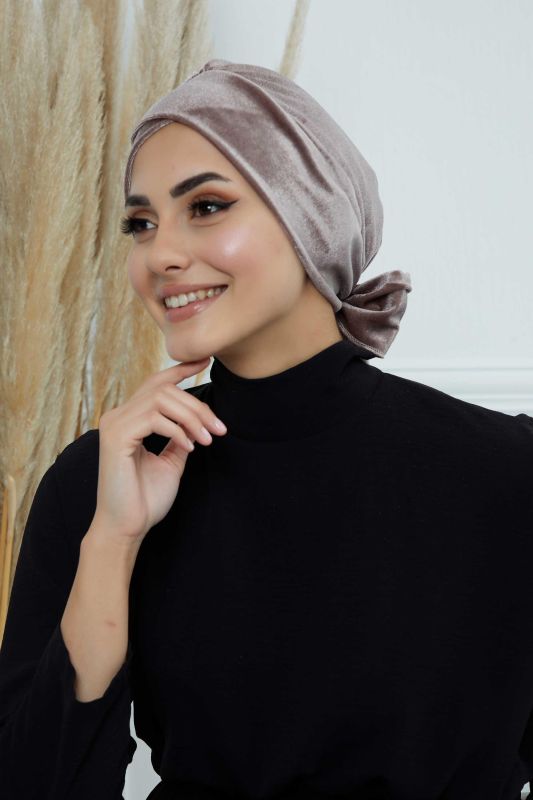 Kuşaklı Kadife Bone,B-31K Vizon - 3