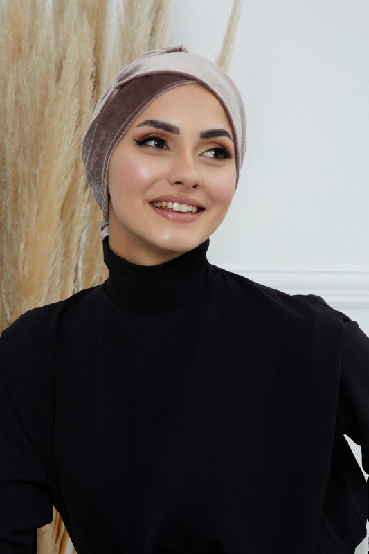 Kuşaklı Kadife Bone,B-31K Vizon - 4