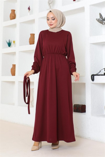 MG - Kuşaklı Tesettür Elbise BORDO