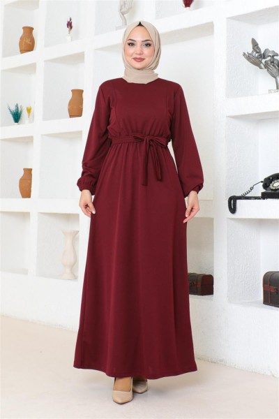 Kuşaklı Tesettür Elbise BORDO - Thumbnail