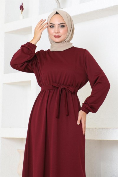 Kuşaklı Tesettür Elbise BORDO - Thumbnail