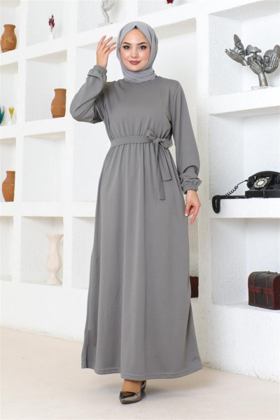 Kuşaklı Tesettür Elbise GRİ - Thumbnail
