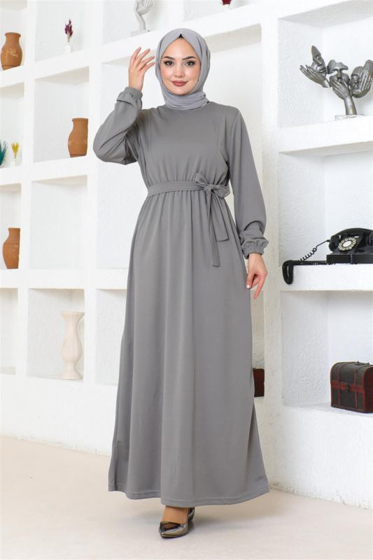 Kuşaklı Tesettür Elbise GRİ - 3