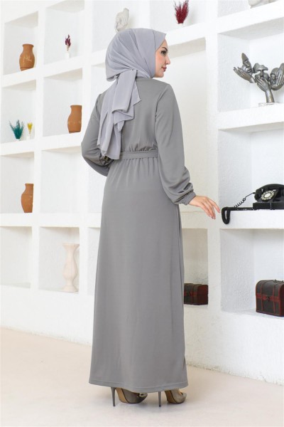 Kuşaklı Tesettür Elbise GRİ - Thumbnail