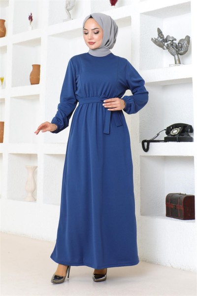 MG - Kuşaklı Tesettür Elbise İNDİGO