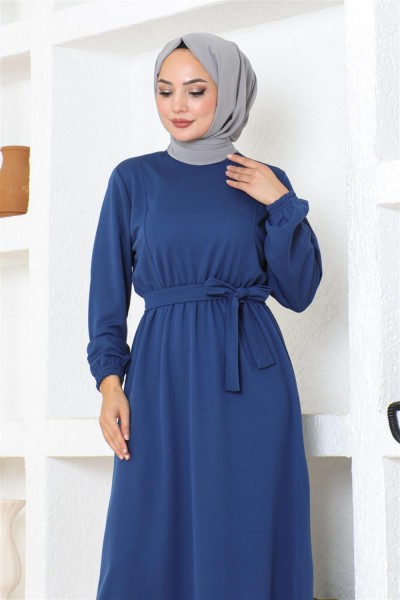 Kuşaklı Tesettür Elbise İNDİGO - Thumbnail