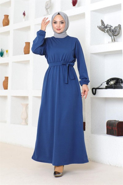 Kuşaklı Tesettür Elbise İNDİGO - Thumbnail