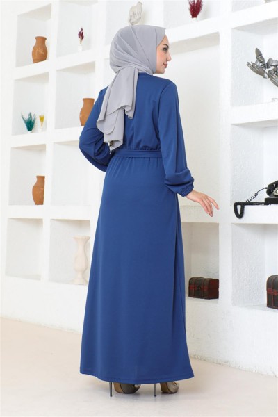 Kuşaklı Tesettür Elbise İNDİGO - Thumbnail