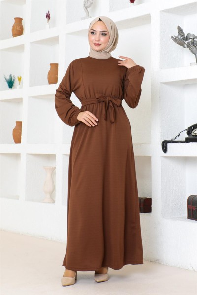 MG - Kuşaklı Tesettür Elbise KAHVERENGİ