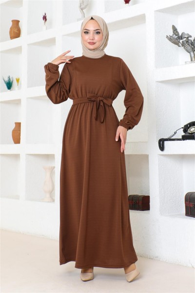 Kuşaklı Tesettür Elbise KAHVERENGİ - Thumbnail