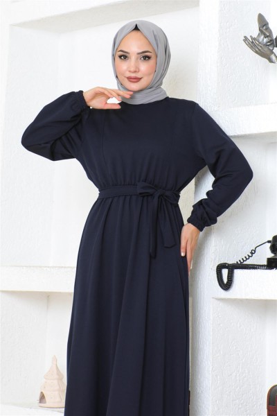 MG - Kuşaklı Tesettür Elbise LACİVERT