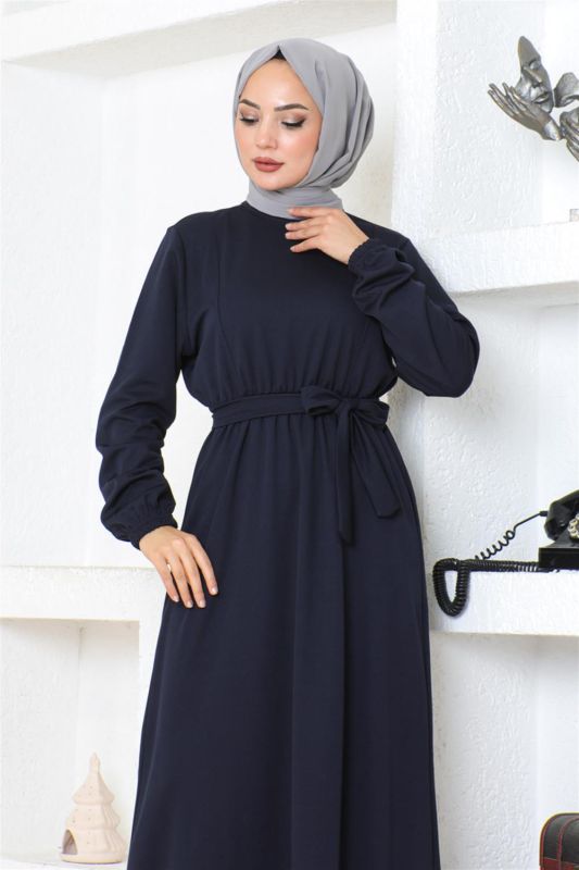 Kuşaklı Tesettür Elbise LACİVERT - 3