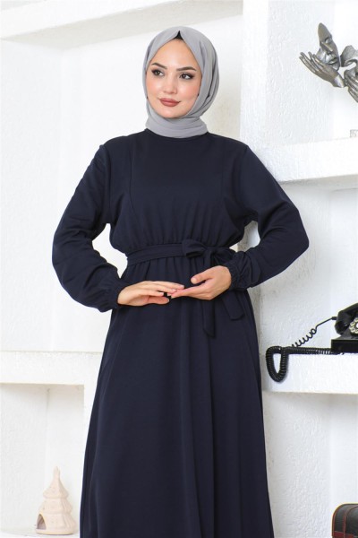 Kuşaklı Tesettür Elbise LACİVERT - Thumbnail