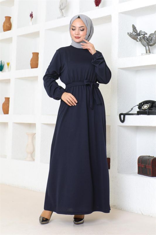 Kuşaklı Tesettür Elbise LACİVERT - 5