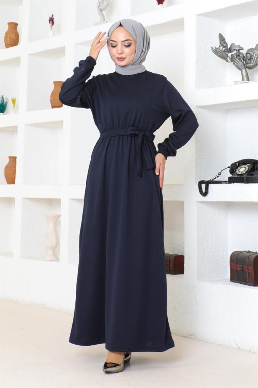 Kuşaklı Tesettür Elbise LACİVERT - 6
