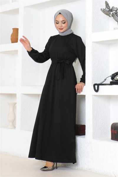 MG - Kuşaklı Tesettür Elbise SİYAH