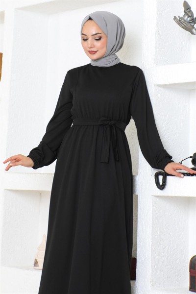 Kuşaklı Tesettür Elbise SİYAH - Thumbnail