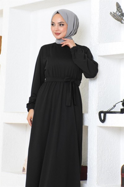Kuşaklı Tesettür Elbise SİYAH - Thumbnail