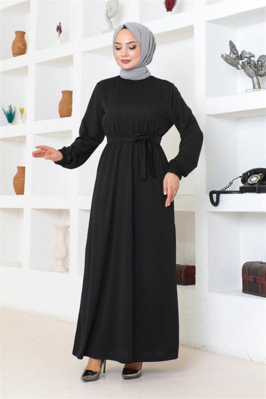 Kuşaklı Tesettür Elbise SİYAH - 6