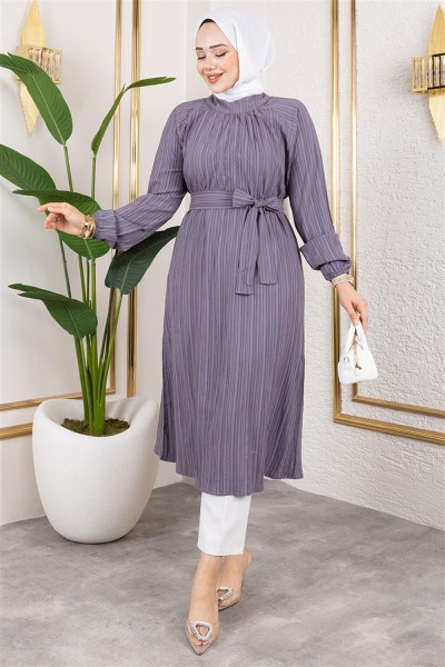 MYS - Kuşaklı Uzun Tesettür Tunik ANTRASİT