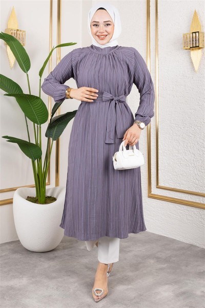 Kuşaklı Uzun Tesettür Tunik ANTRASİT - Thumbnail