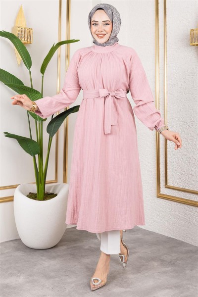 MYS - Kuşaklı Uzun Tesettür Tunik GÜL KURUSU