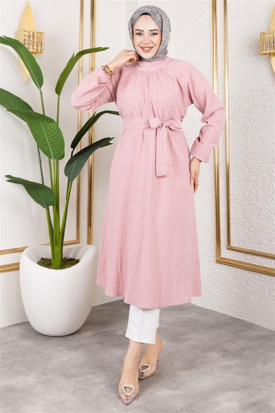 Kuşaklı Uzun Tesettür Tunik GÜL KURUSU - Thumbnail