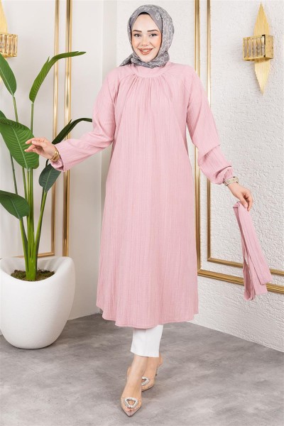 Kuşaklı Uzun Tesettür Tunik GÜL KURUSU - Thumbnail