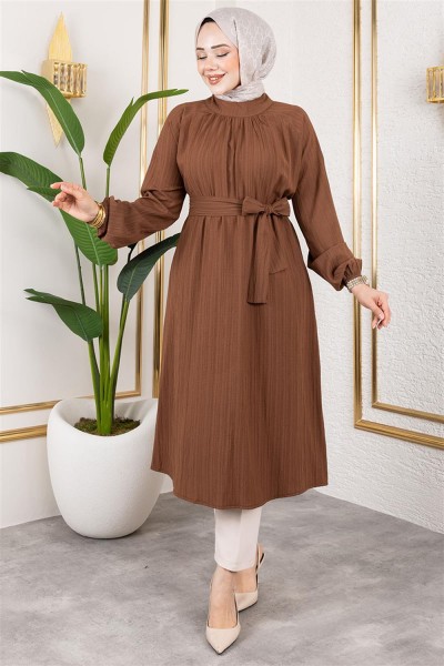 MYS - Kuşaklı Uzun Tesettür Tunik KAHVERENGİ