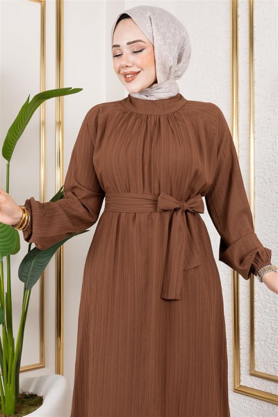 Kuşaklı Uzun Tesettür Tunik KAHVERENGİ - Thumbnail