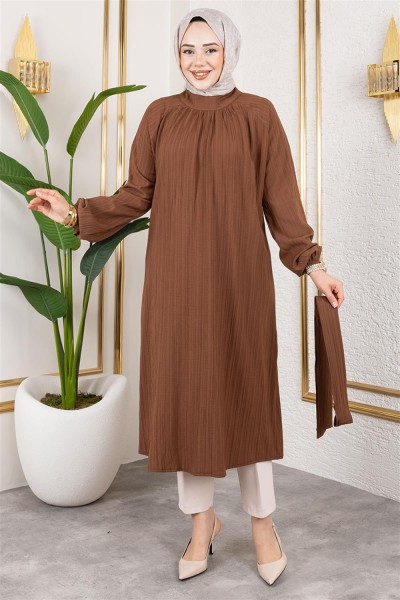 Kuşaklı Uzun Tesettür Tunik KAHVERENGİ - Thumbnail