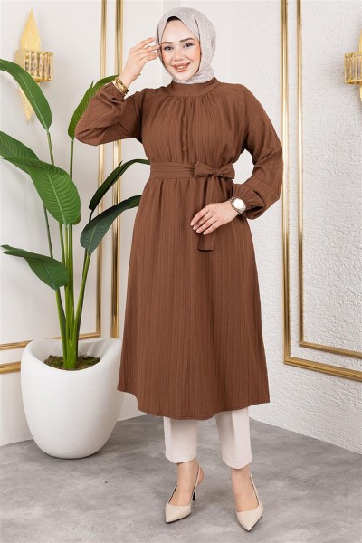 Kuşaklı Uzun Tesettür Tunik KAHVERENGİ - Thumbnail