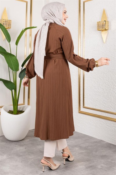 Kuşaklı Uzun Tesettür Tunik KAHVERENGİ - Thumbnail
