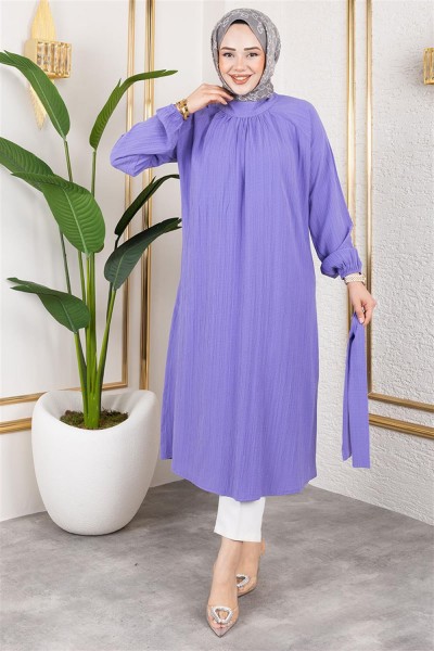 MYS - Kuşaklı Uzun Tesettür Tunik LİLA