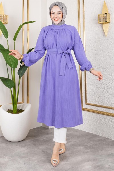 Kuşaklı Uzun Tesettür Tunik LİLA - Thumbnail