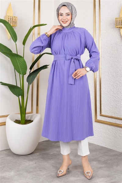 Kuşaklı Uzun Tesettür Tunik LİLA - Thumbnail