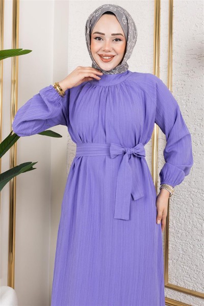 Kuşaklı Uzun Tesettür Tunik LİLA - Thumbnail
