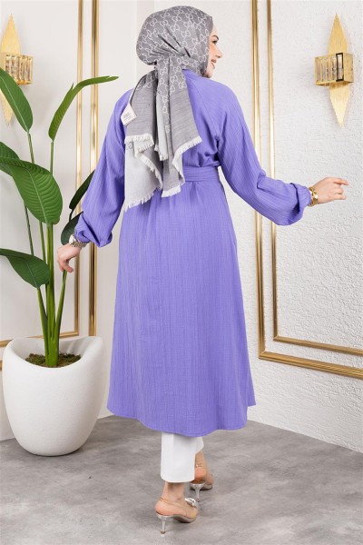 Kuşaklı Uzun Tesettür Tunik LİLA - Thumbnail
