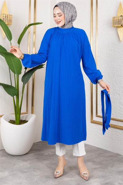 MYS - Kuşaklı Uzun Tesettür Tunik SAKS MAVİSİ
