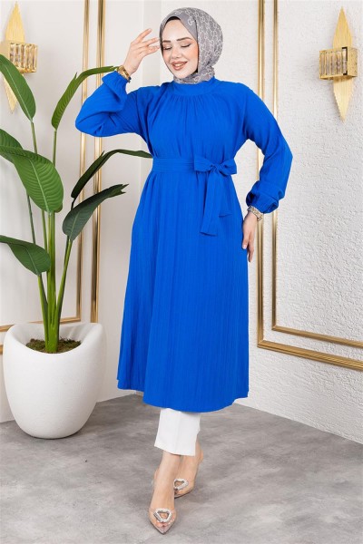 Kuşaklı Uzun Tesettür Tunik SAKS MAVİSİ - Thumbnail